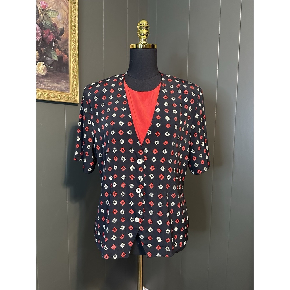 Vintage Koret Red Black Artsy Short Sleeve Blouse 10